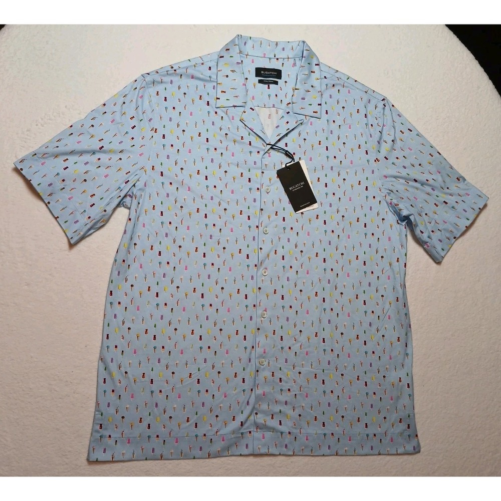NWT Bugatchi OoohCotton Tech Shirt Mens L Ice Cream Popsicle 8-Way Stretch Blue